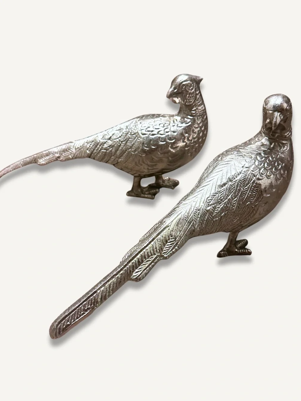 Two Silver Pheasant Bird Figurines